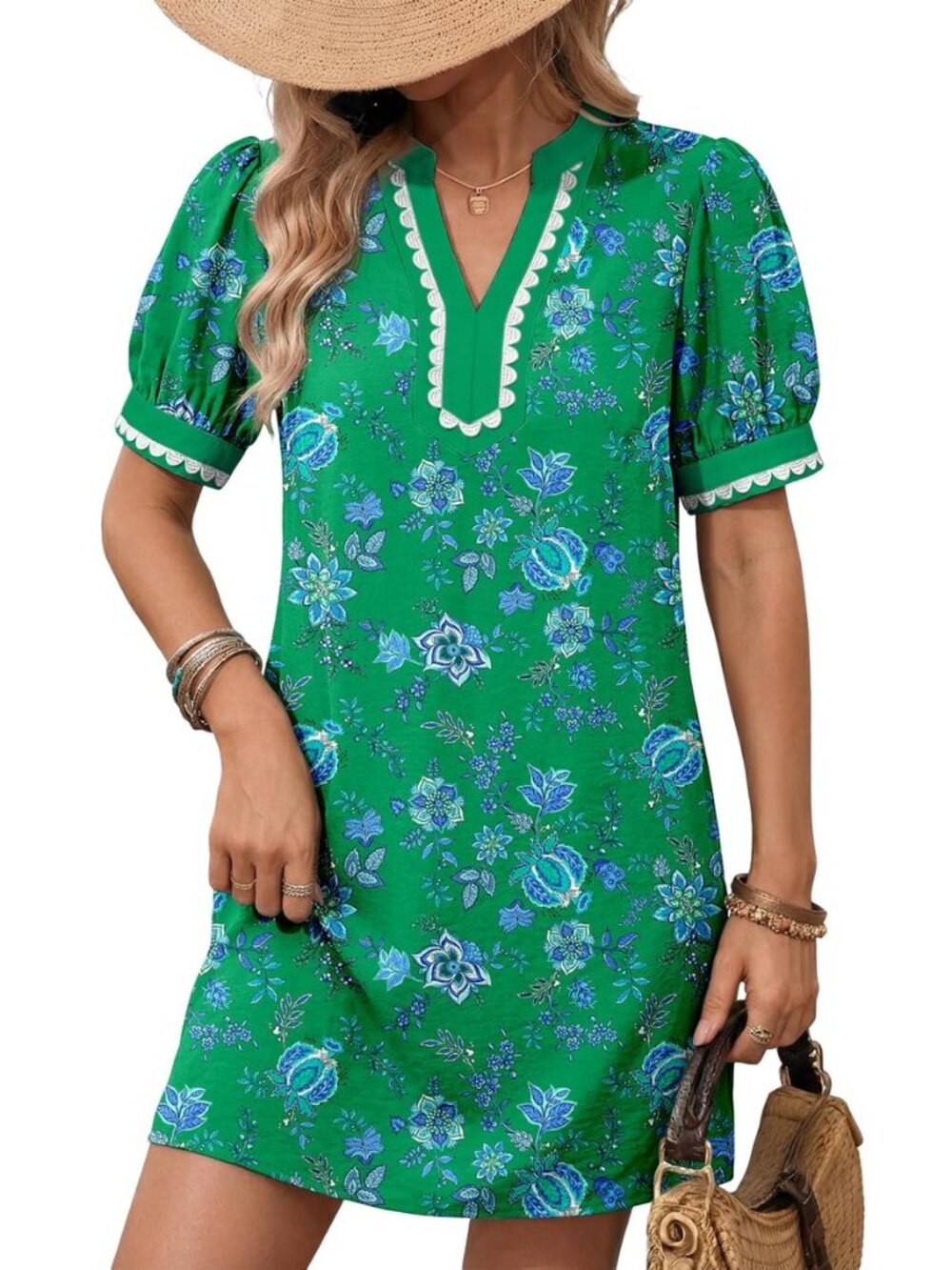 Summer Dresses for Women 2026 Boho Floral Puff Short Sleeve V Neck Trim Casual